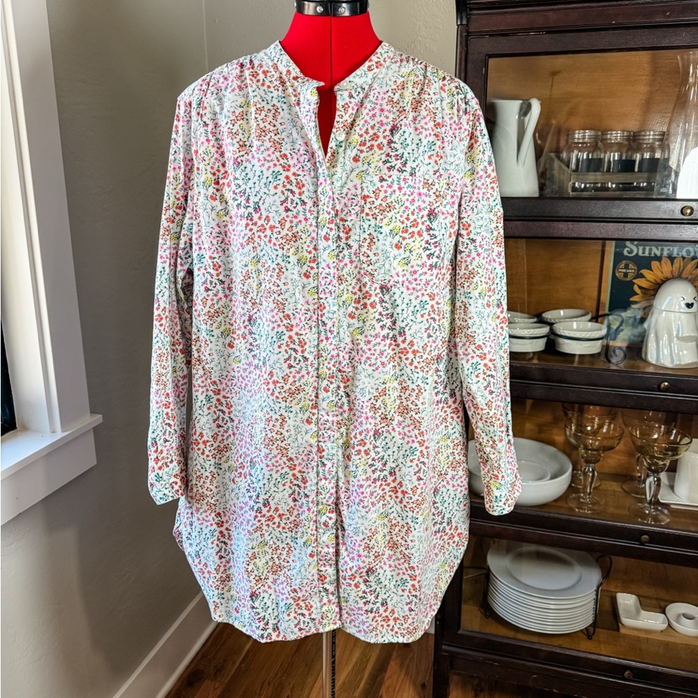 Lands End Button Front Floral Tunic Blouse  Plus Size 1X (16W-18W)